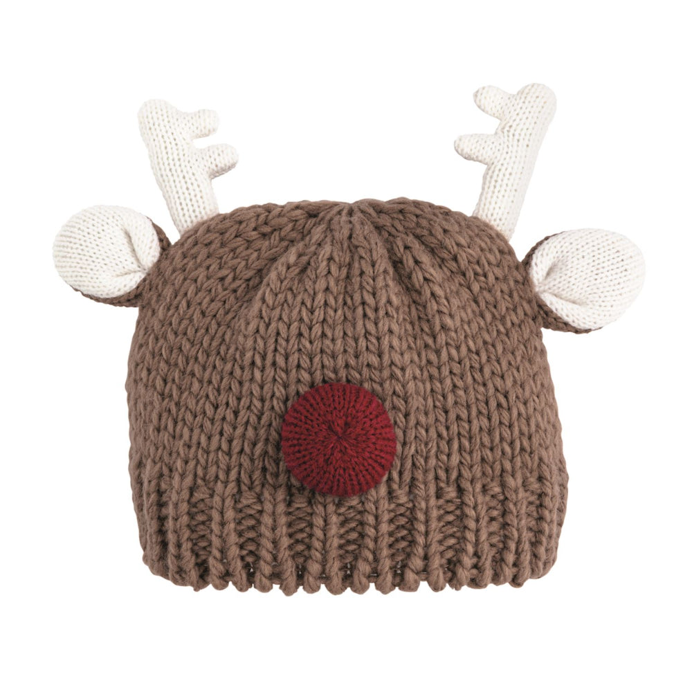 Brown knitted reindeer hat with antlers and a red nose on a white background.