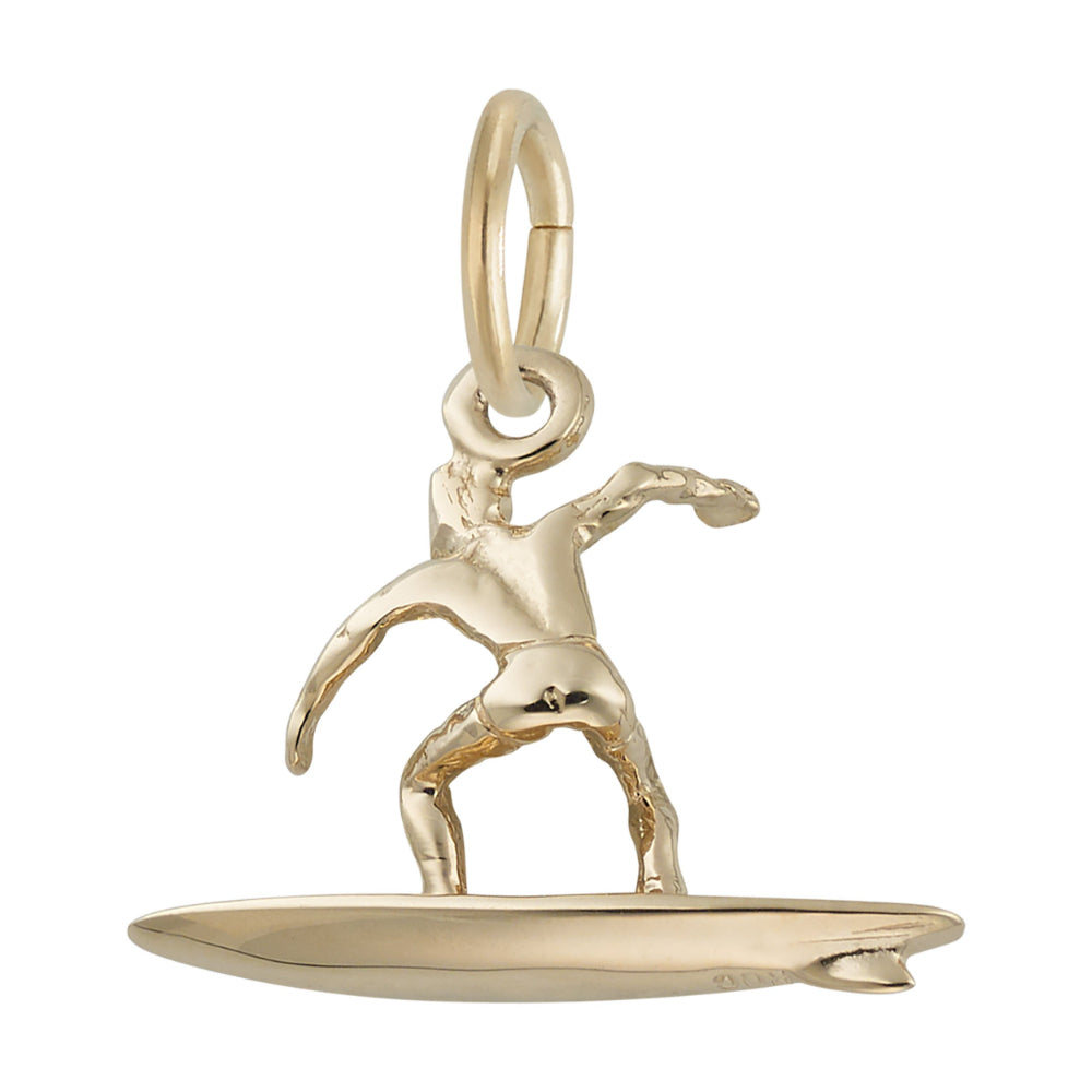 Gold surfer charm facing left, on a white background