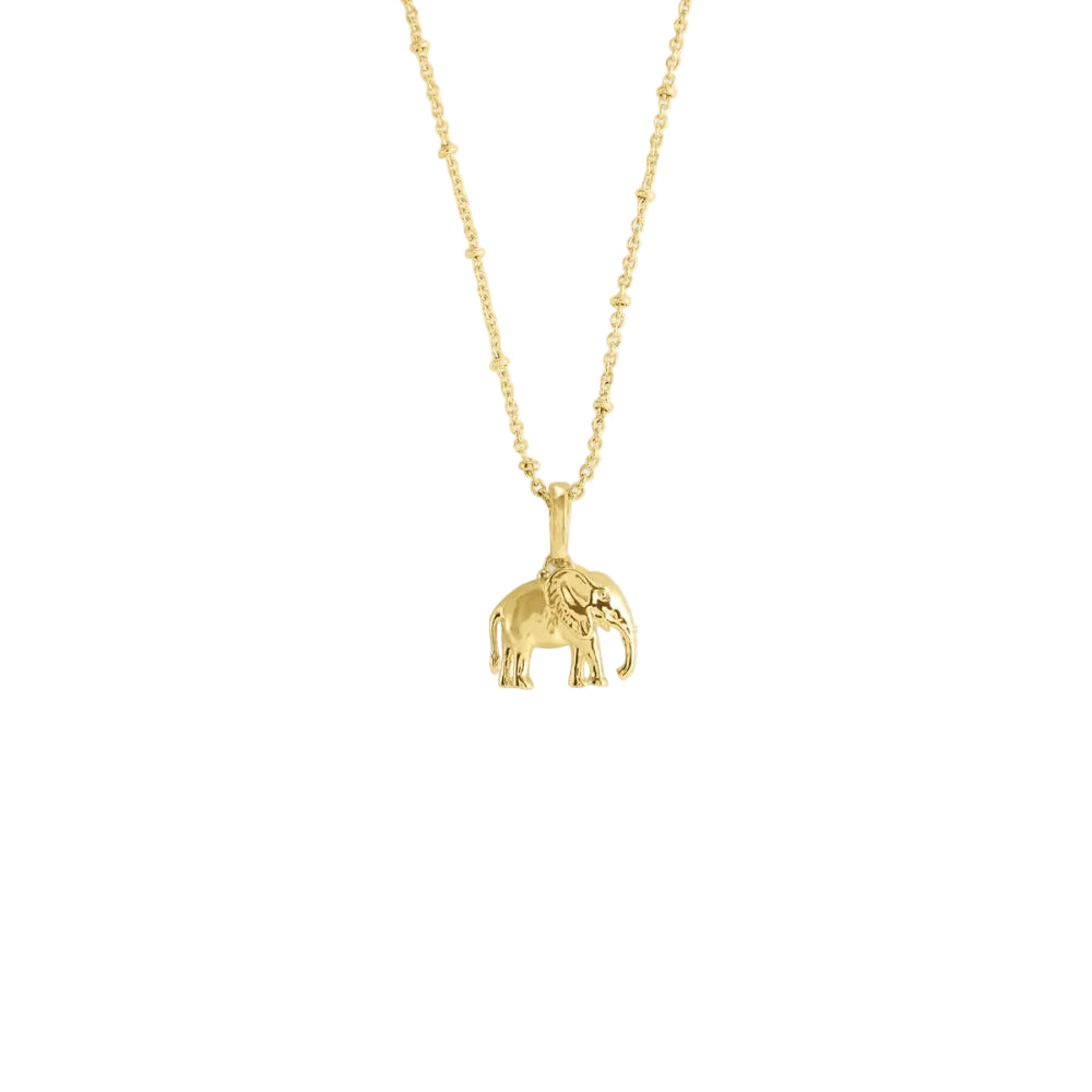 A delicate gold chain necklace featuring a small, detailed elephant pendant, displayed against a clean, light gray background.