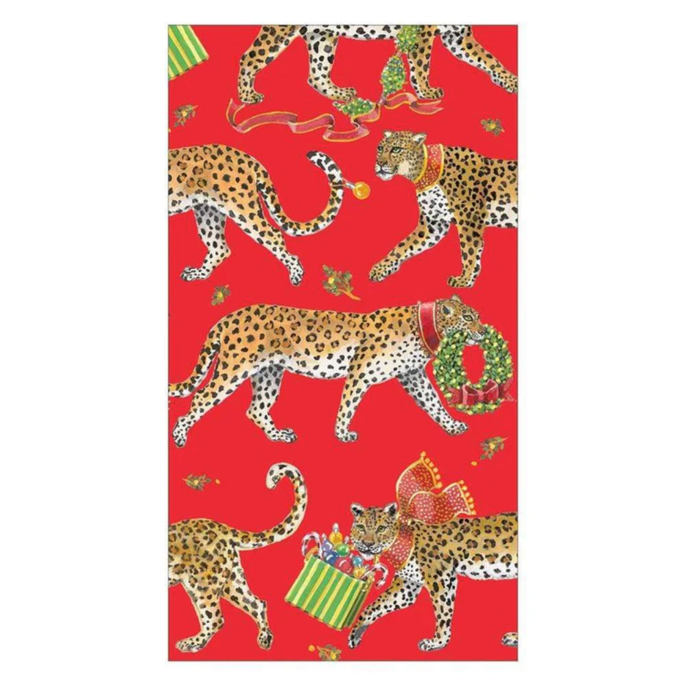 Caspari Christmas Leopards Red Paper Guest Towel Napkins - Pack of 15