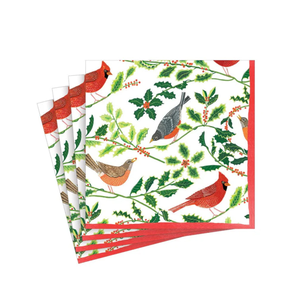 Caspari Songbirds and Holly Paper Cocktail Napkins - Set of 20