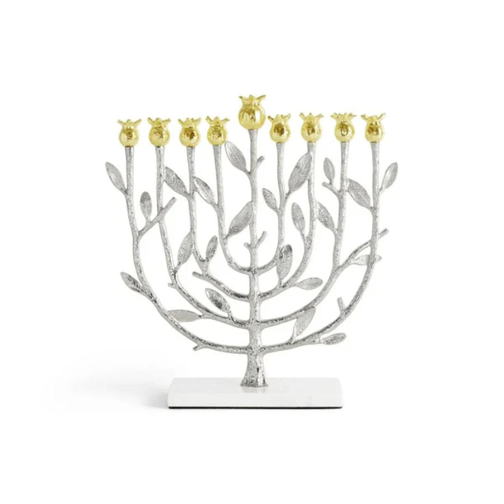 A silver and gold menorah on a white background.