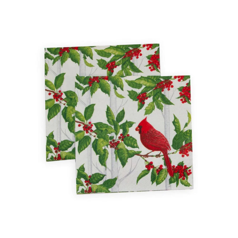 Caspari Holly and Songbirds White & Silver Cocktail Napkins - Set of 20