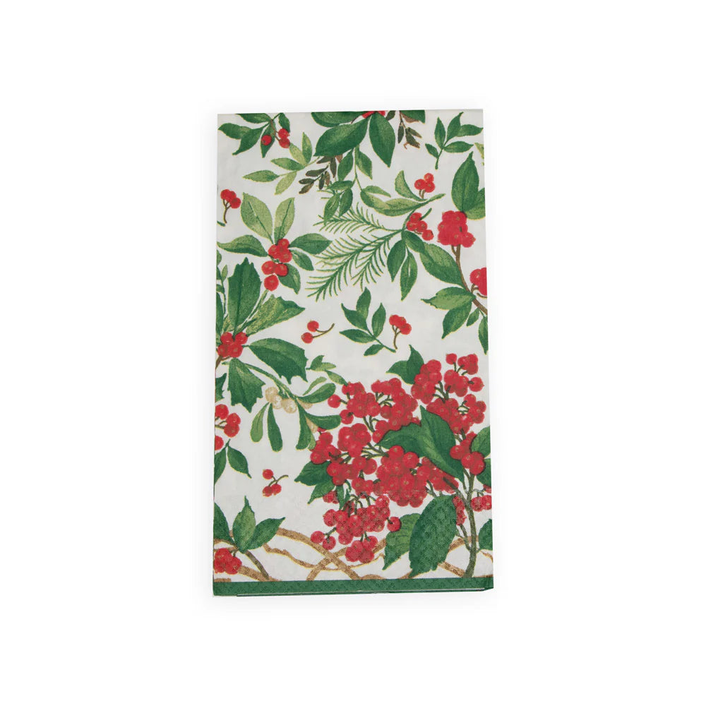 Caspari Holly Chintz White Guest Towel Napkins - Package of 15