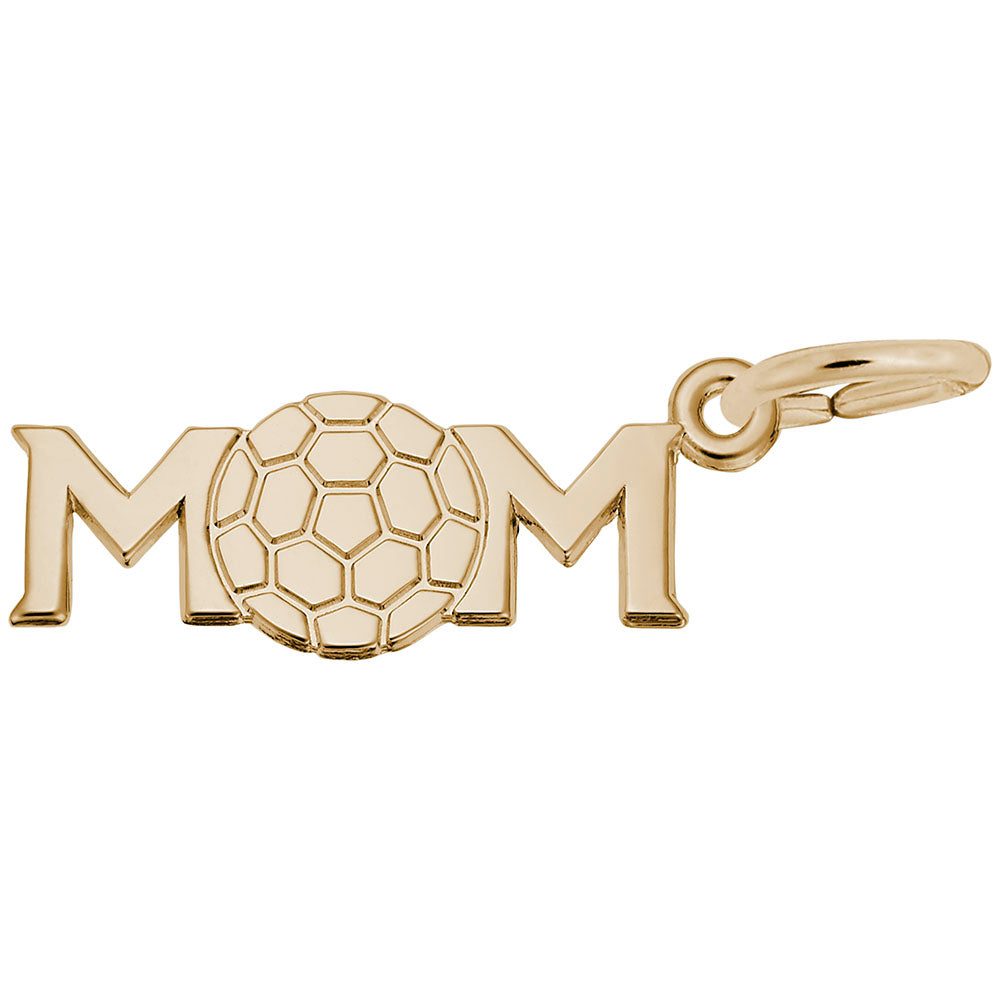Gold 'MOM' charm with a soccer ball replacing the 'O', on a white background