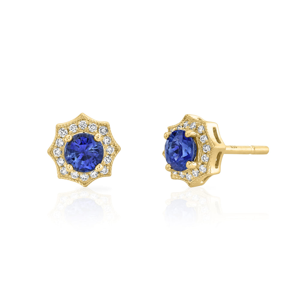 14k Gold Sapphire and Diamond Halo Stud Earrings