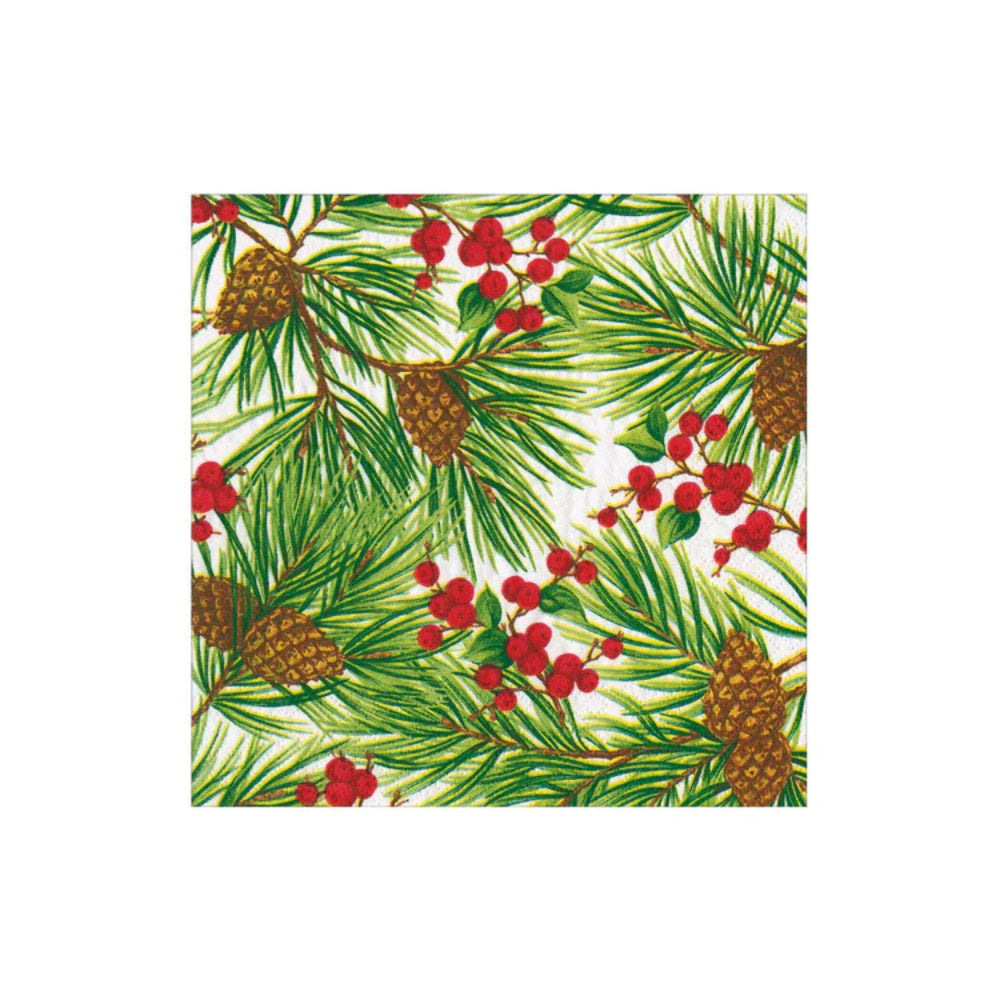Caspari Evergreen and Berries White Cocktail Napkins - Set of 20