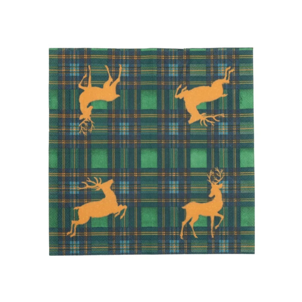 A square fabric napkin or paper napkin featuring a green and blue tartan plaid pattern with four golden-brown deer silhouettes, shown flat against a white background.