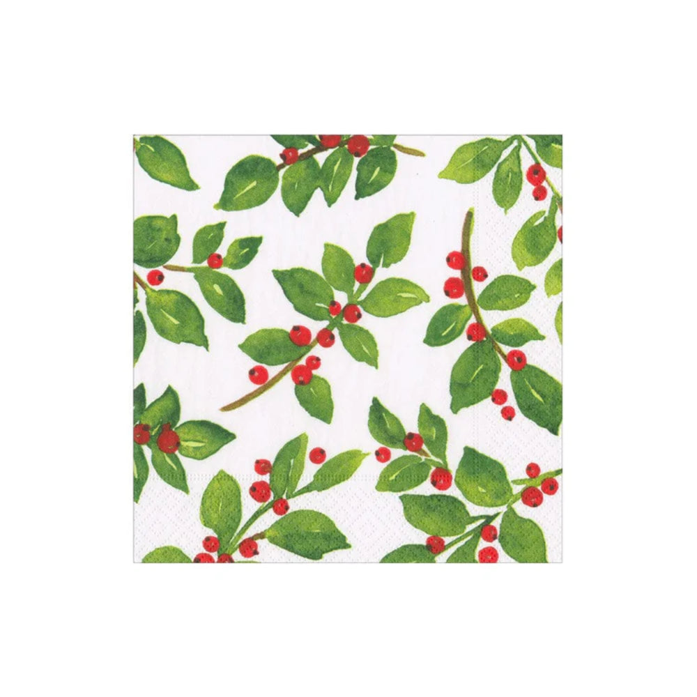 Caspari Painted Holly White Recycled Cocktail Napkins - Set of 20