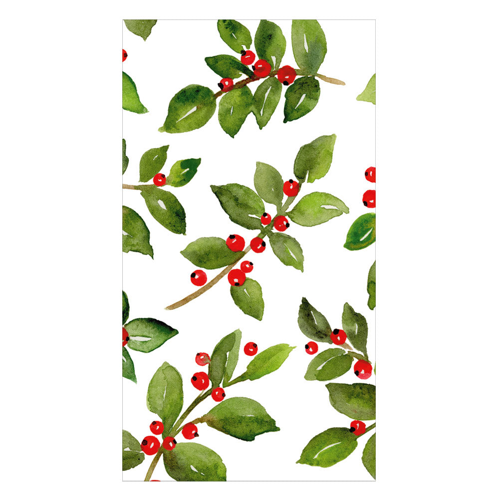 Caspari Painted Holly White Recycled Guest Towels - Set of 15