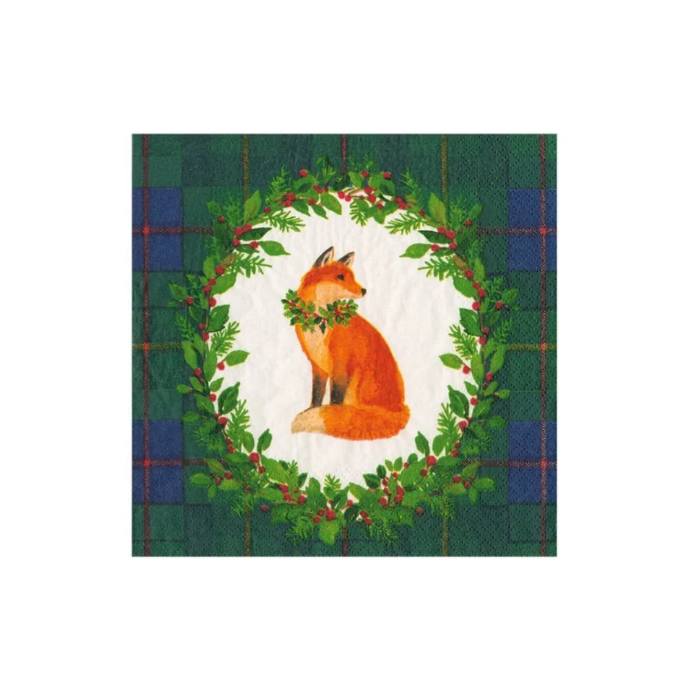 Cocktail napkin with a fox with ivy around it on a white background.
