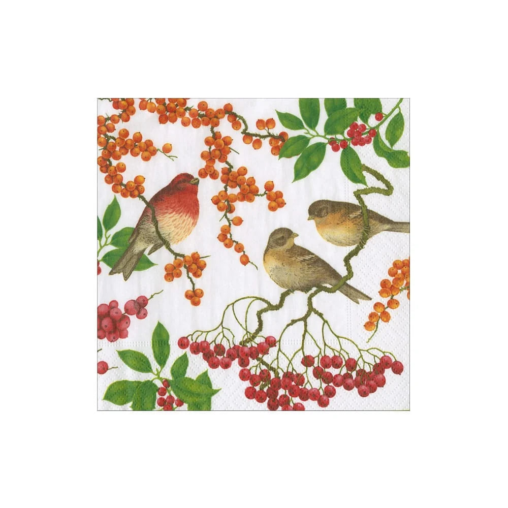 White birds and berries napkin on a white backround.