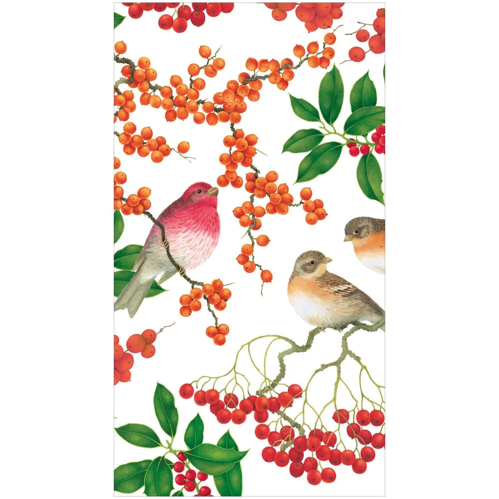 Decorative napkin with birds and berries on a white background.