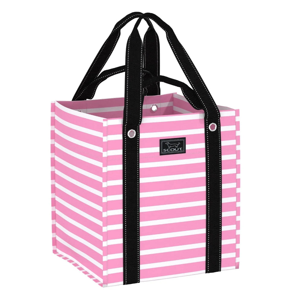 Pink and white striped bag with black handles on a white background