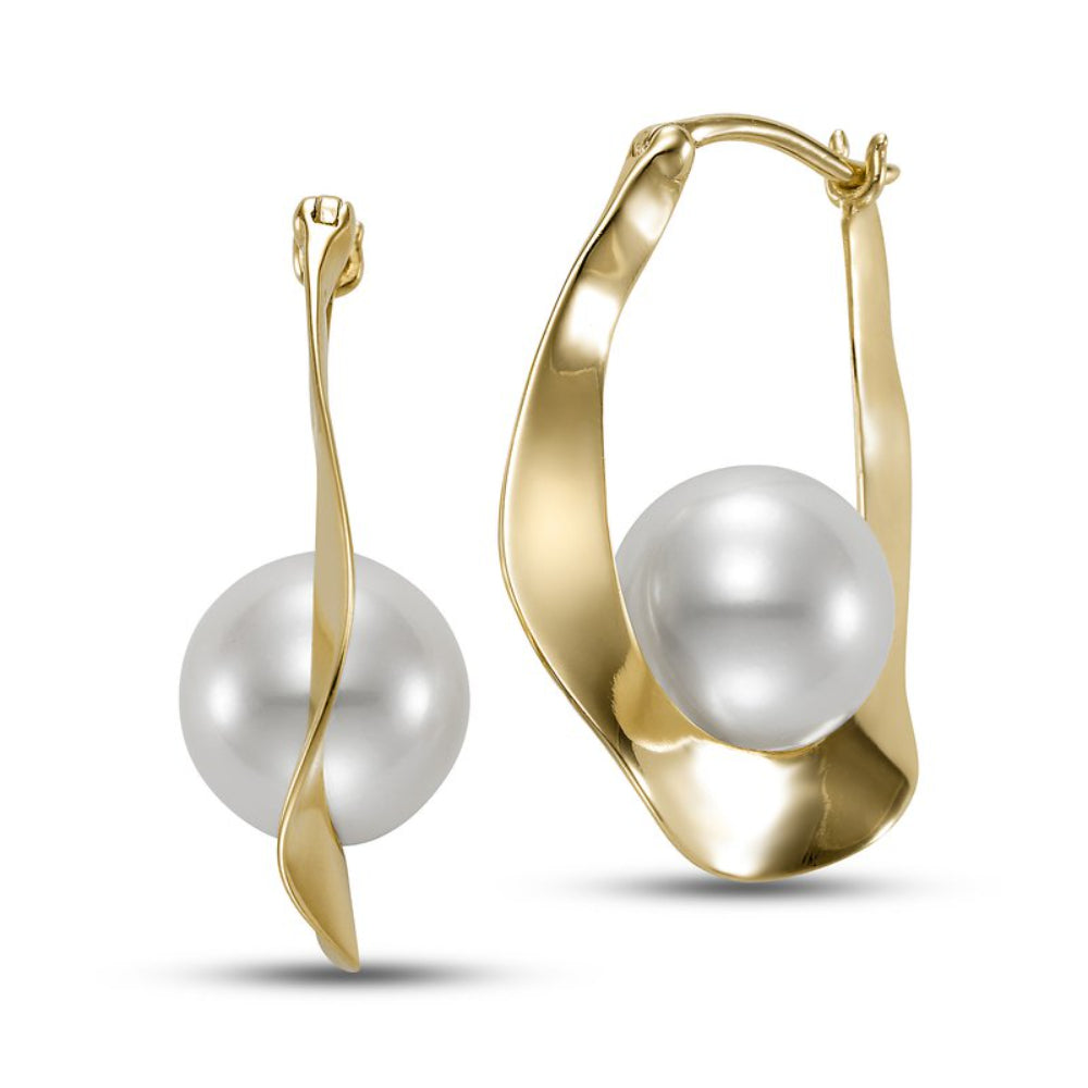 Mastoloni 14k Gold Pearl in Wave Hoop Earrings
