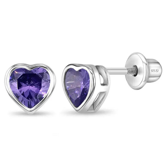 Children's Sterling Silver Purple CZ Heart Stud Earrings