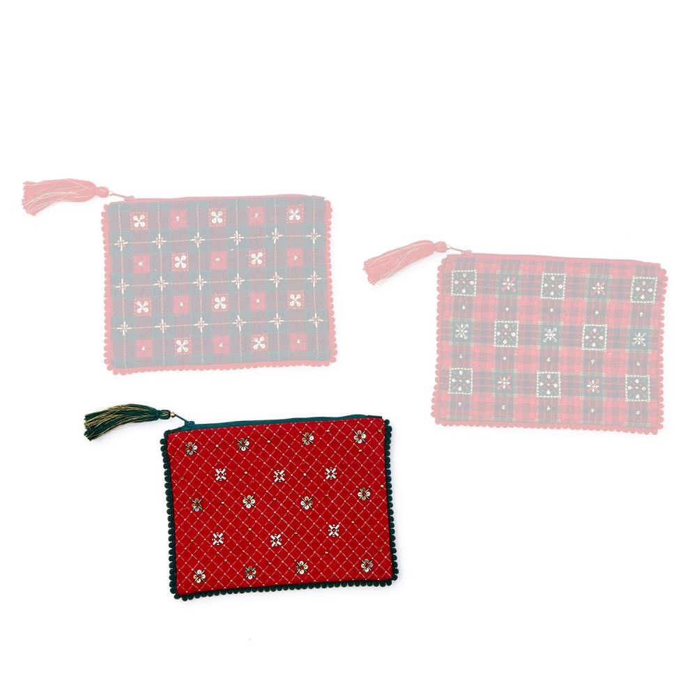 Two's Company Holiday Check Embellished Pouches with Embroidery Beading on the Front and Trim