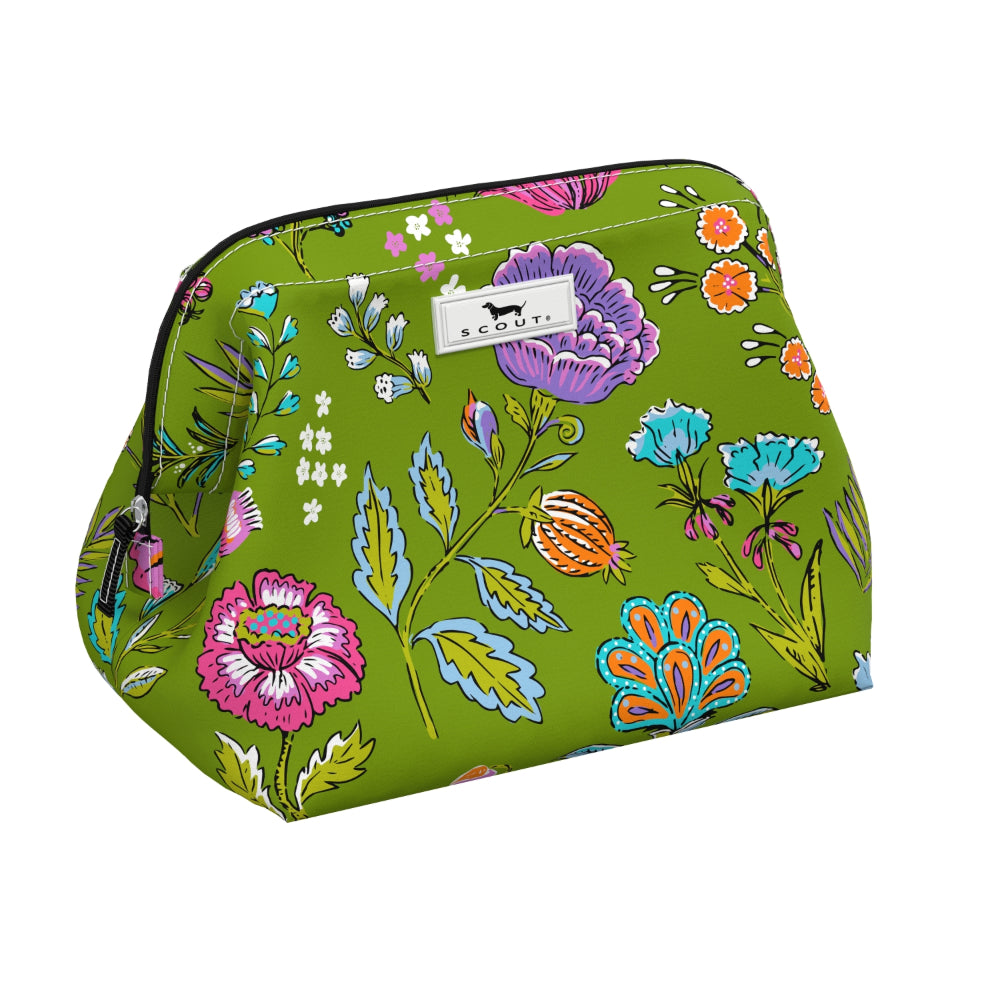 Floral-patterned cosmetic bag on a white background