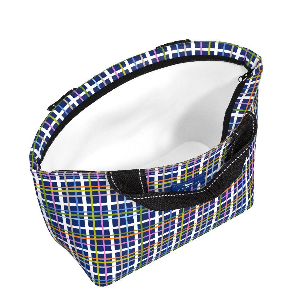Plaid patterned lunch bag with a white interior on a white background