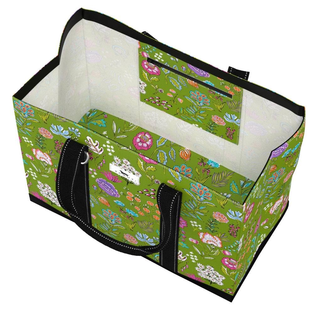 Green floral-patterned tote bag with a smaller matching pouch on a white background