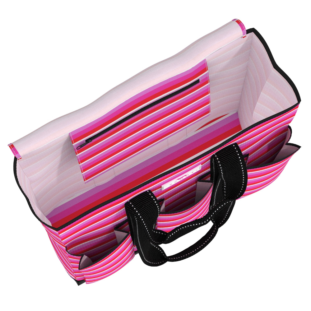 A pink and black striped file organizer tote bag shown open, revealing multiple horizontal pockets and handles, on a plain white background.