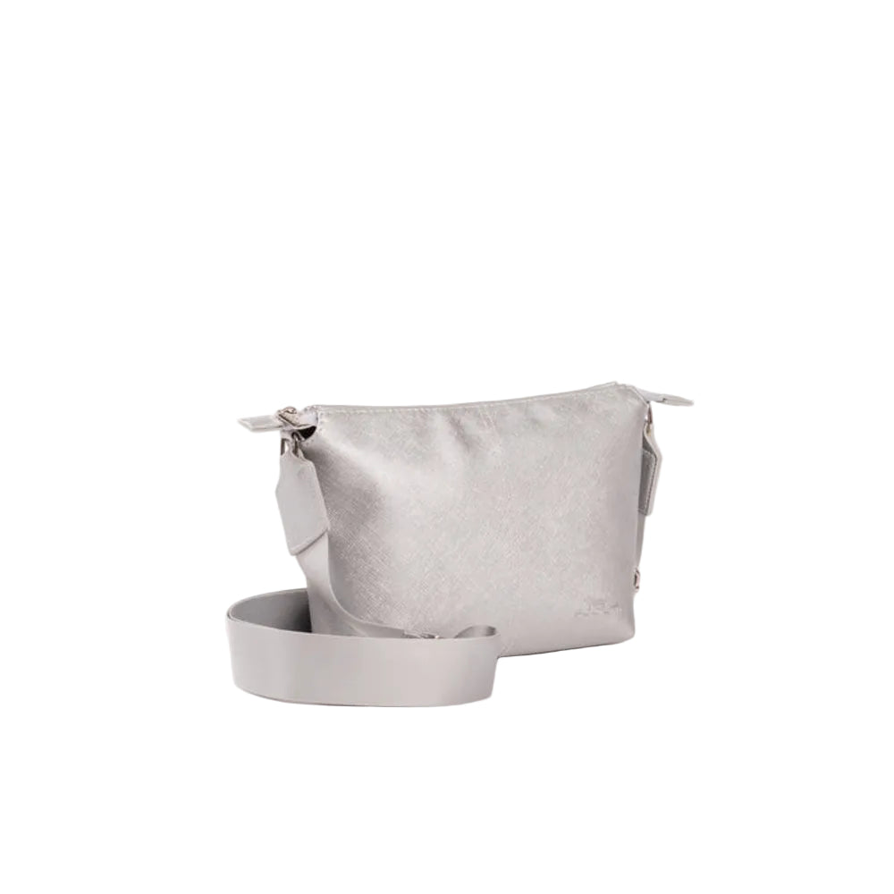 A silver metallic textured leather crossbody bag with a matching adjustable shoulder strap, displayed on a clean white background.