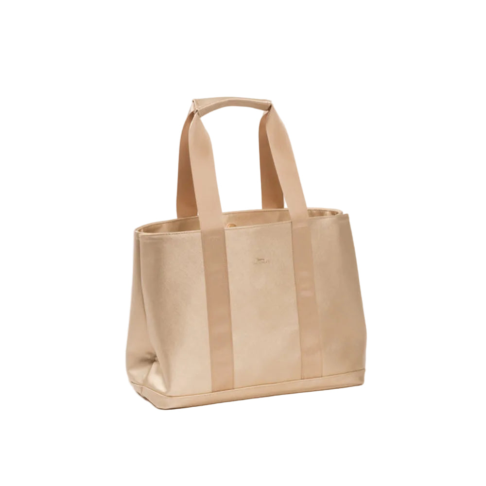 A metallic champagne-gold tote bag with two wide shoulder straps, shown on a clean white studio background.