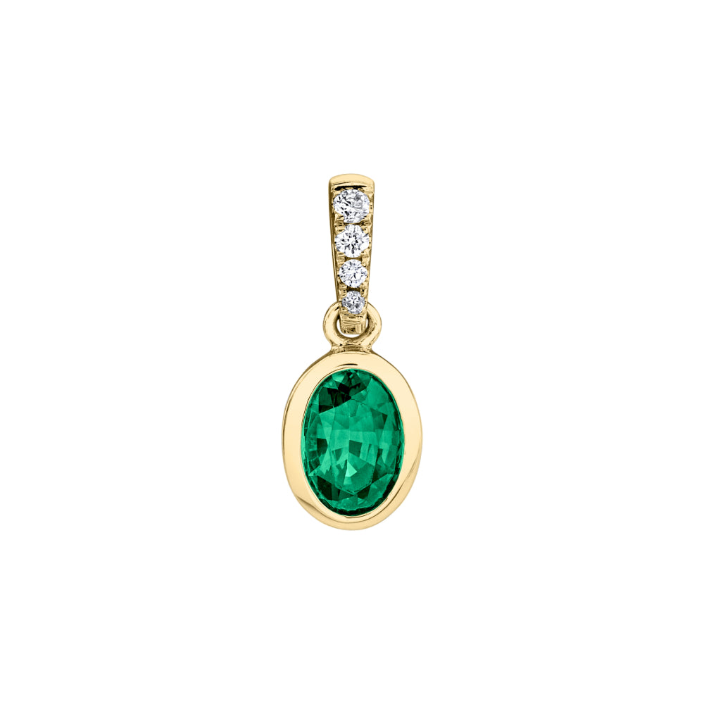 14k Gold Oval Emerald and Diamond Pendant Necklace