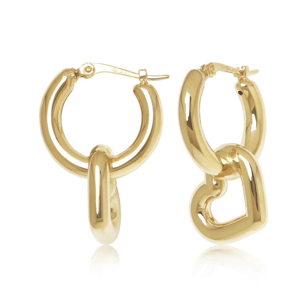 14k Gold Linked Heart Hoop Drop Earrings