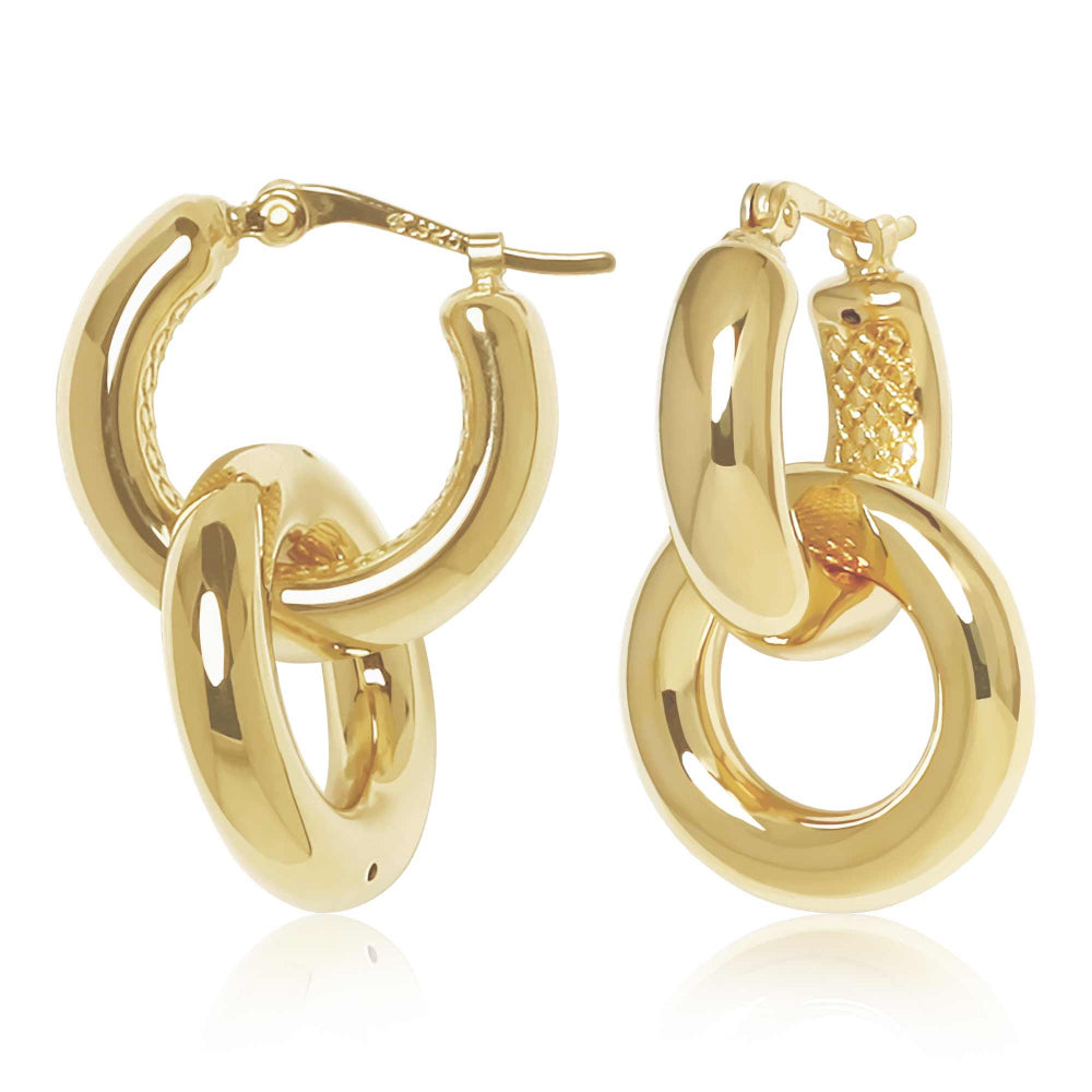 14k Gold Round Link Hoop Drop Earrings