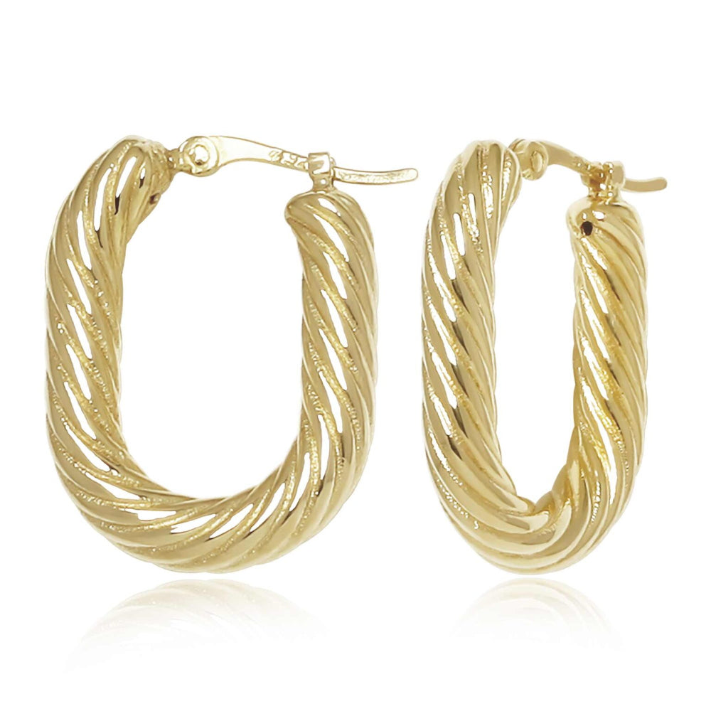 14k Gold Oval Spiral Twist Hoop Earrings