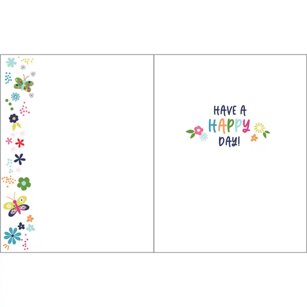 Greeting card with colorful flowers and 'Have a Happy Day!' text on a white background