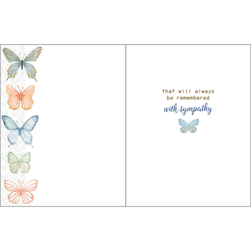 Greeting card with butterflies and text 'that will always be remembered with sympathy' on a white background