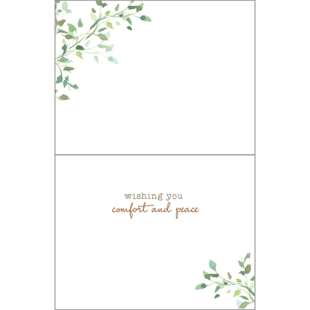 Greeting card with green leaf design and text 'wishing you comfort and peace' on a white background