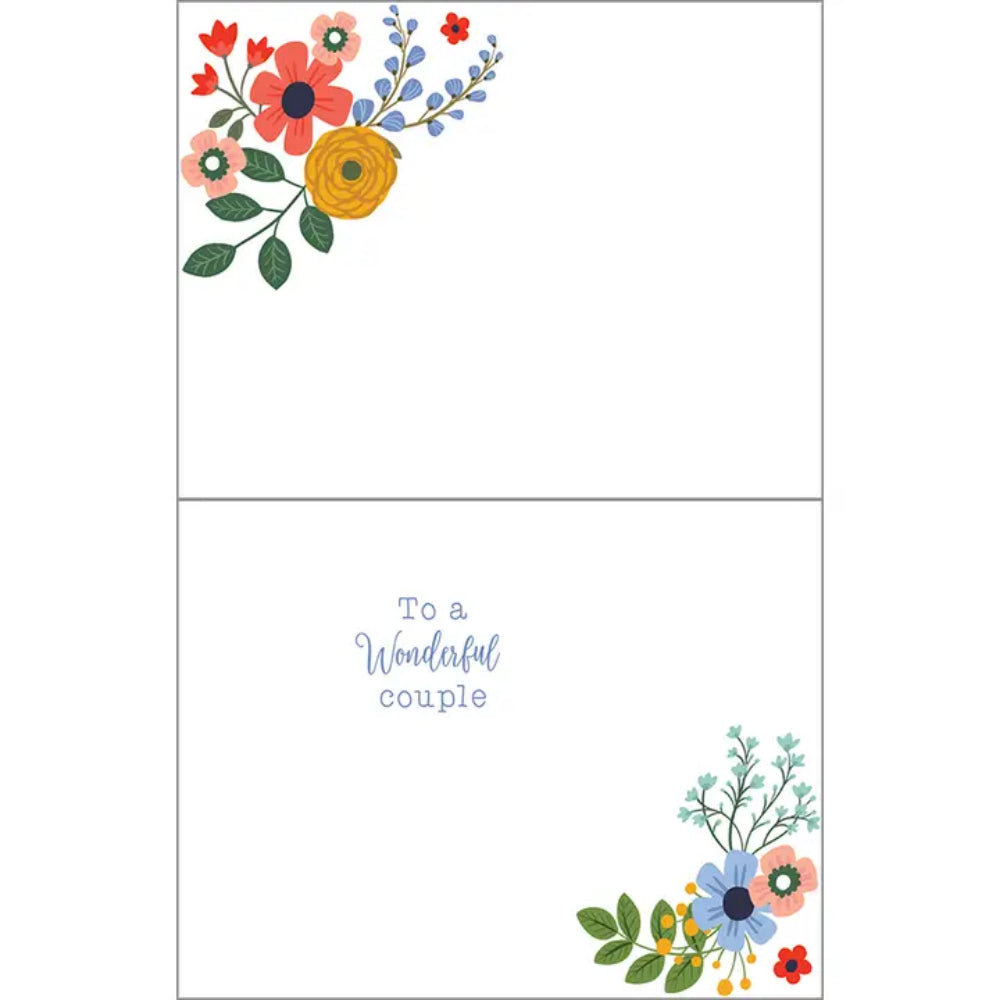 A double-sided greeting card design shown flat on a white background. The top card features a floral arrangement in the upper-left corner with red, orange, yellow, blue, and green flowers.