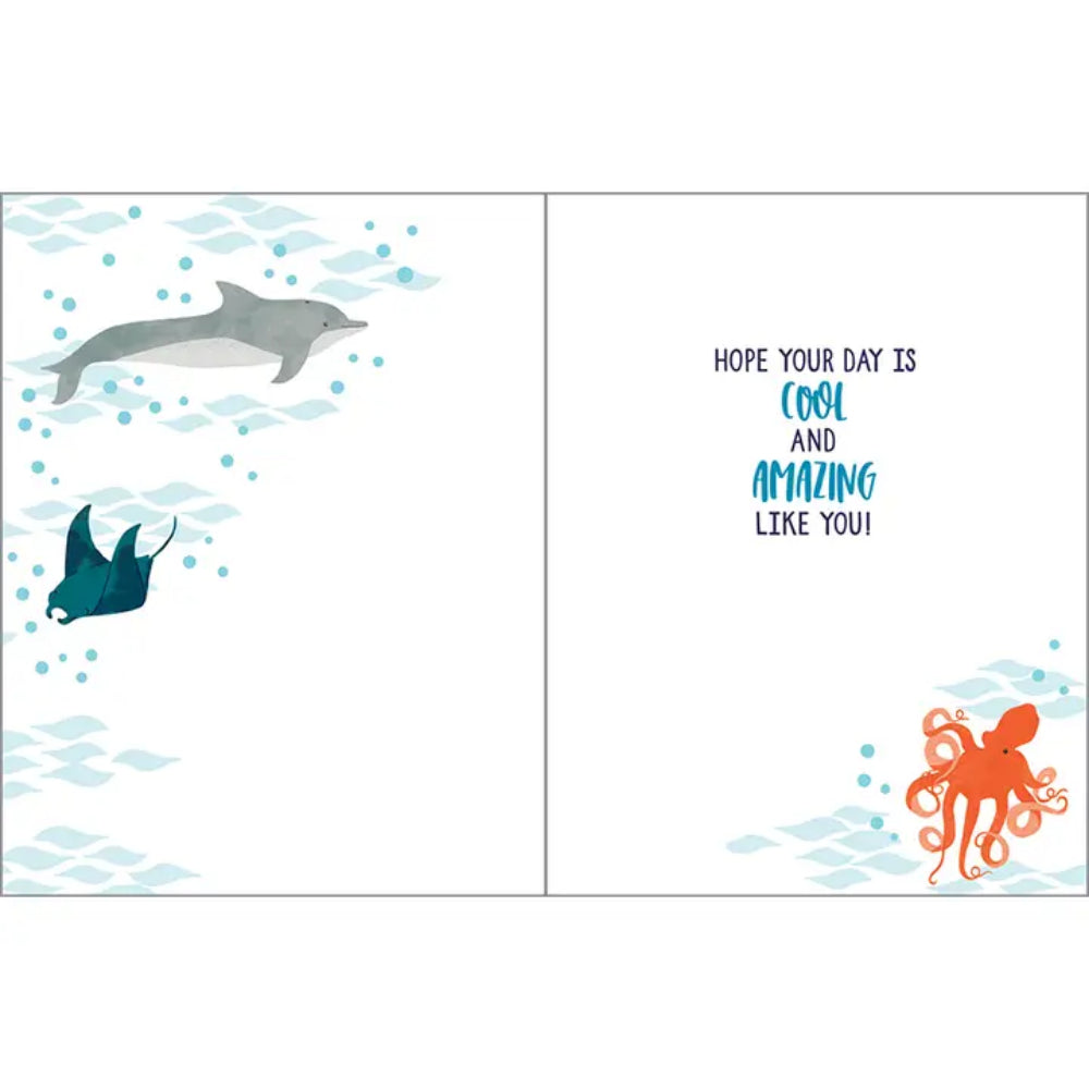 Card with dolphins and octopus illustrations on a white background
