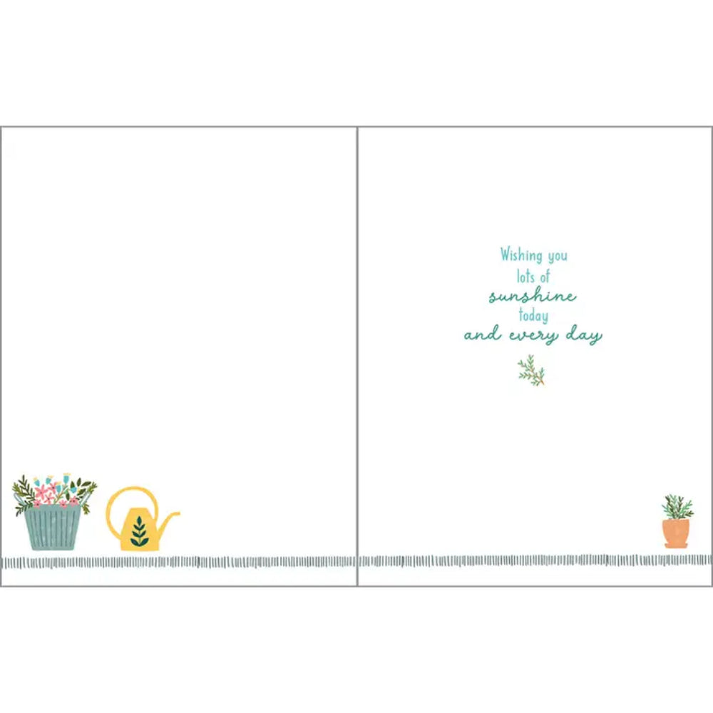 Greeting card with gardening-themed illustrations and text on a white background