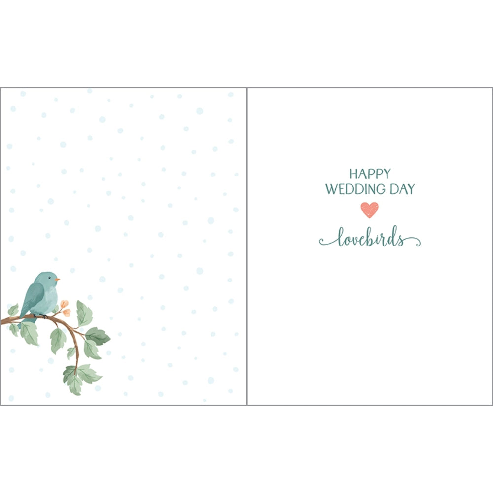 A square greeting card design shown front and back side by side. The left side features a small blue bird perched on a leafy branch in the lower left corner against a white background with faint pale blue dots.