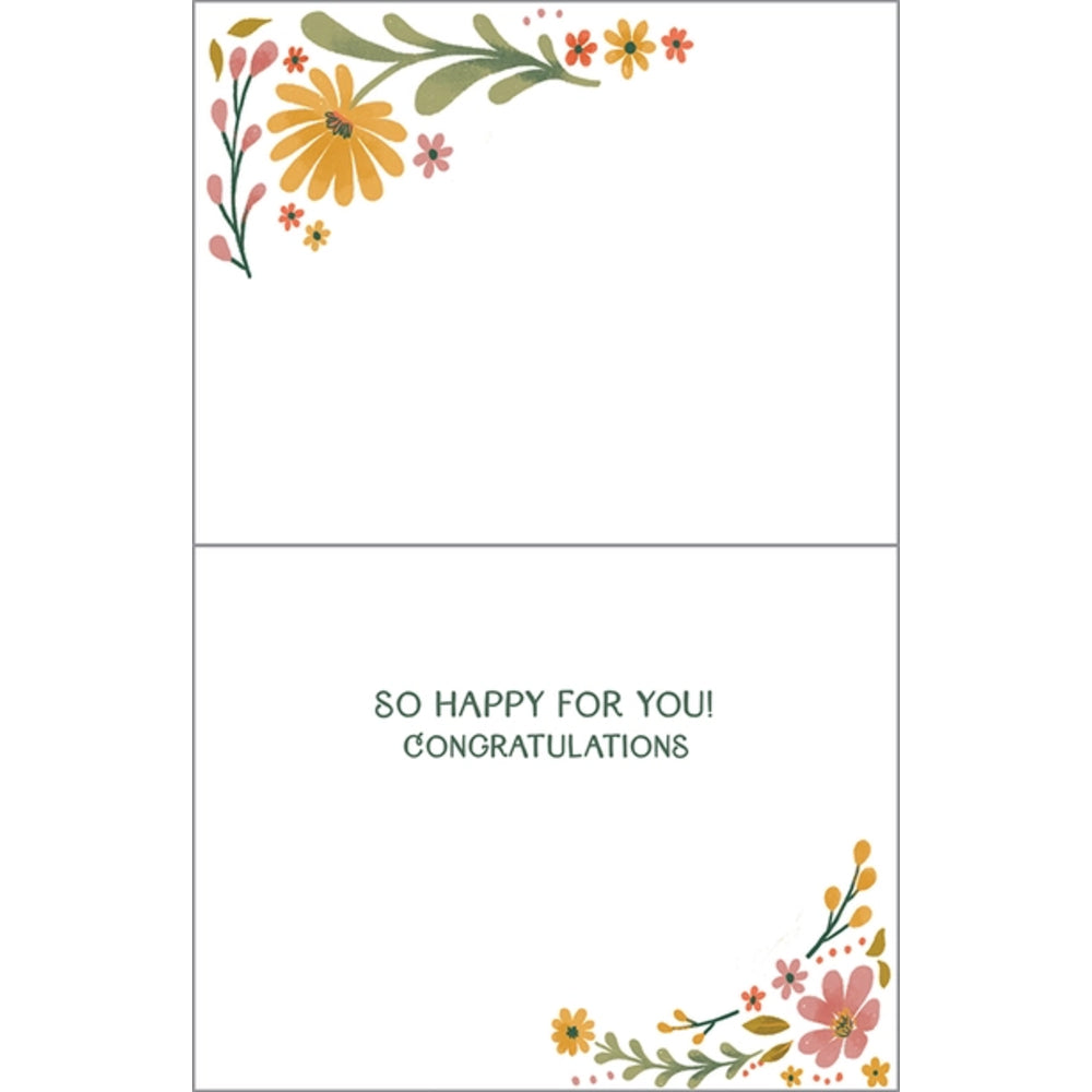 A folded greeting card shown front and back on a white background. The front has a floral corner design in yellow, pink, and green, and the back reads 'SO HAPPY FOR YOU! CONGRATULATIONS' in dark green text.