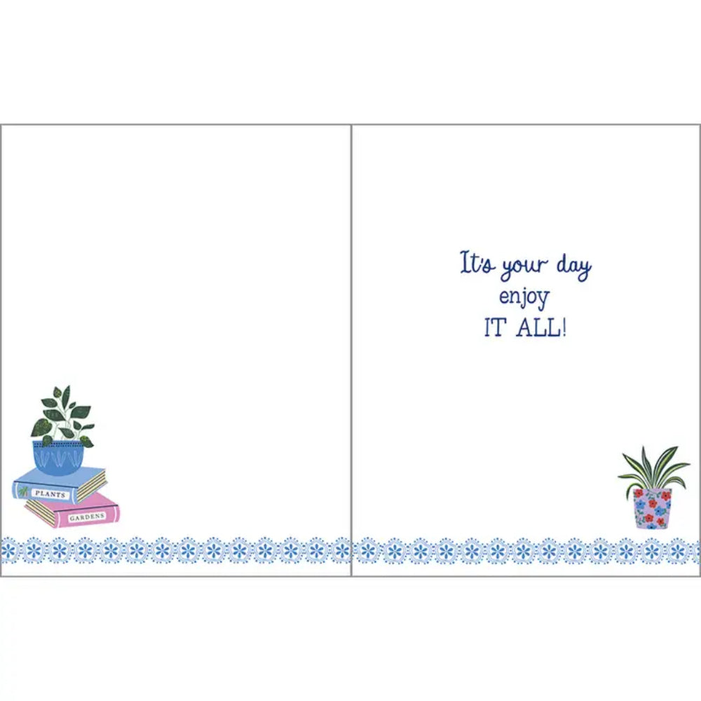 A greeting card celebrating a birthday with text "it's your day enjoy it all!" on a white background.