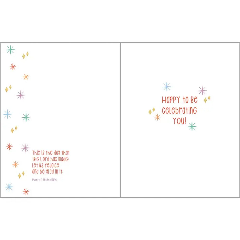A birthday greeting card with text "happy to be celebrating you!" and a Bible verse Psalm 118:24 on the side on a white background.