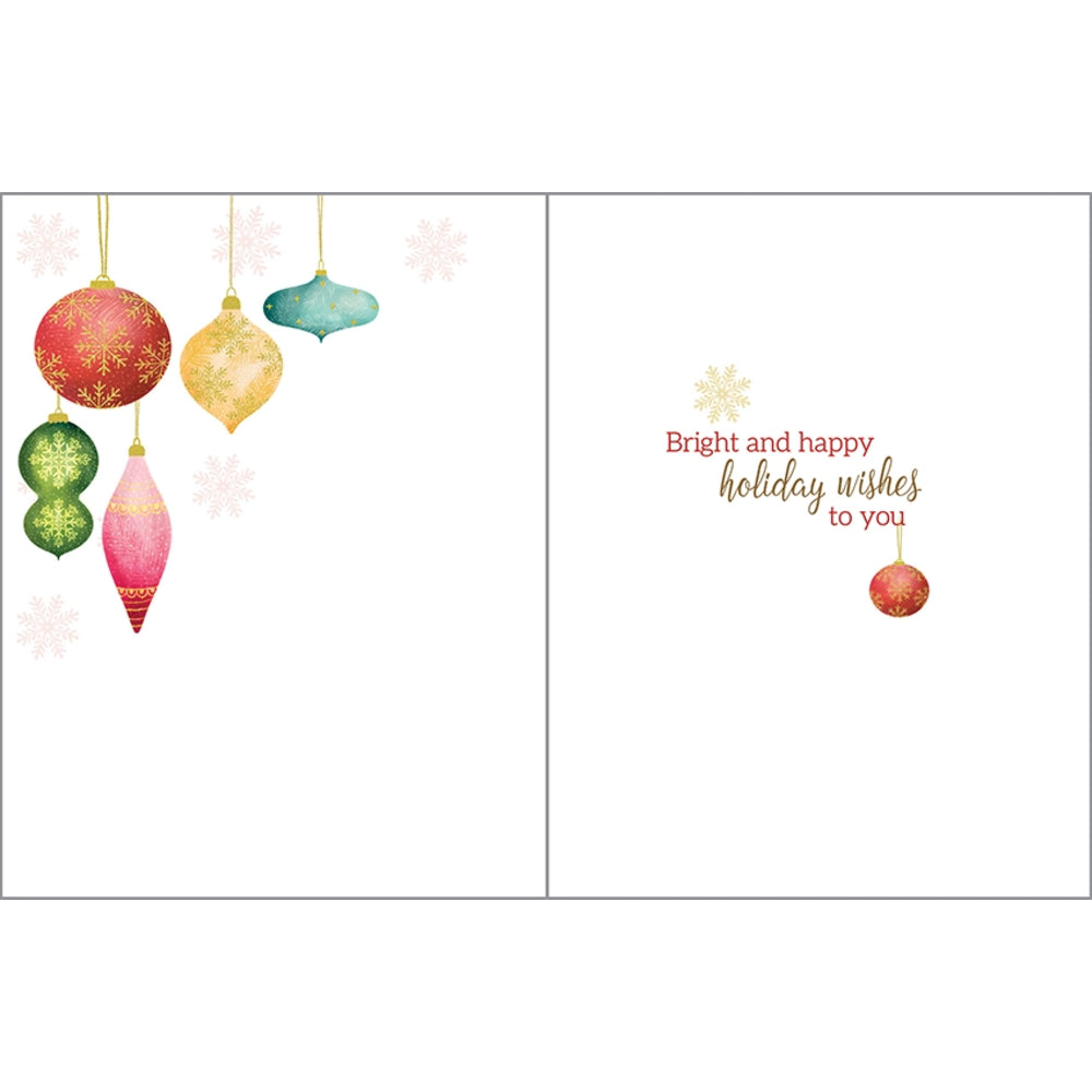 A two-panel greeting card design with hanging Christmas ornaments on the left and holiday text reading 'Bright and happy holiday wishes to you' on the right, shown on a white background.