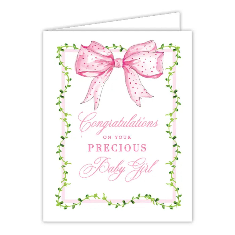 RosanneBeck Collections Congratulations On Precious Baby Girl Pink Bow Greeting Card