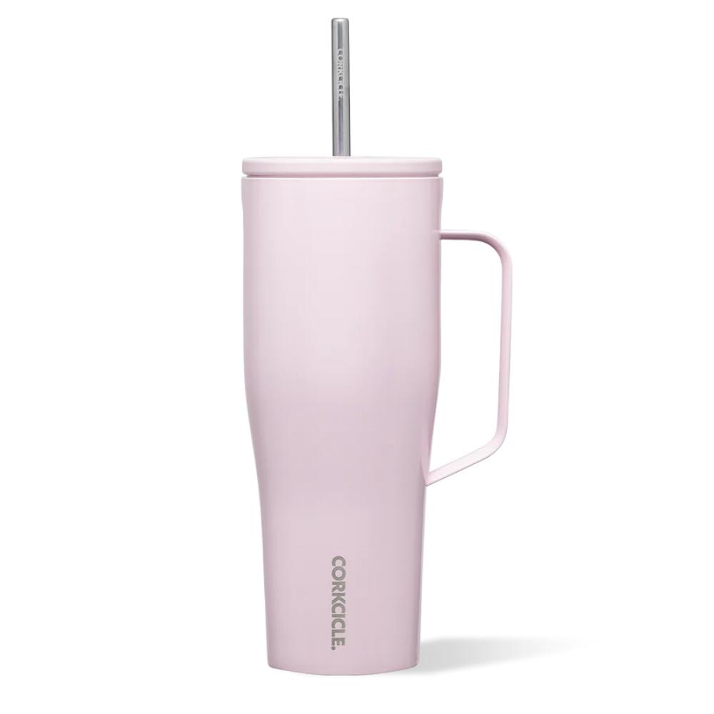 A light lavender Corkcicle Cold Cup XL with a flat handle and a silicone straw tab, triple insulated and cup holder friendly.