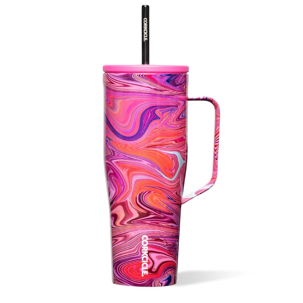 A lava lamp colored Corkcicle Cold Cup XL with a flat handle and a silicone straw tab, triple insulated and cup holder friendly.