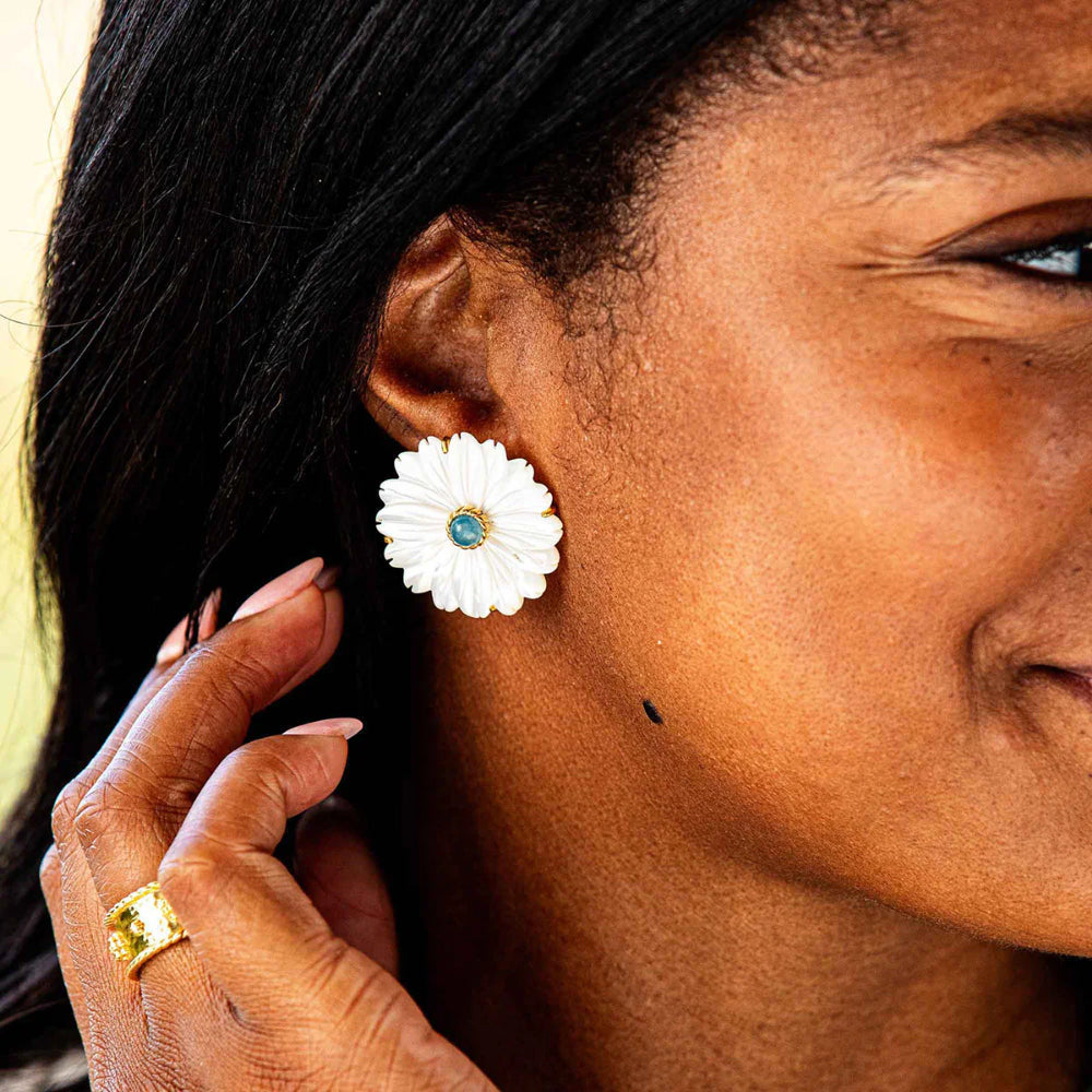 Capucine de Wulf Mermaid Garden Flower Stud Earrings In Mother of Pearl and Ocean Jade