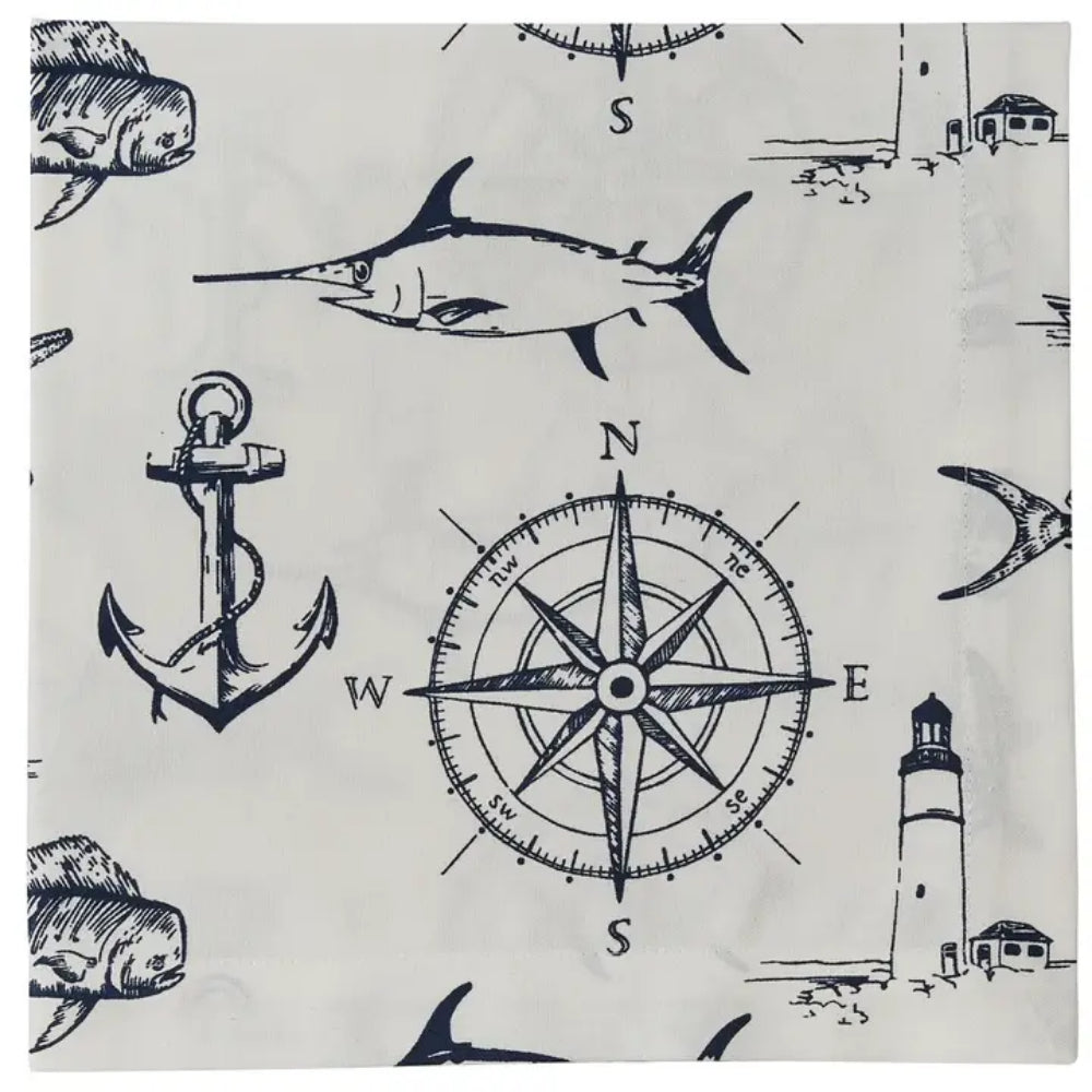 Napkin containing swordfishes, anchors, compasses, fishes, and lighthouses on white background.