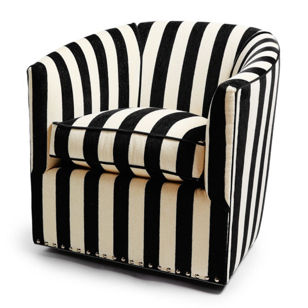 MacKenzie Childs Marquee Black Stripe Chenille Swivel Chair - Online Only