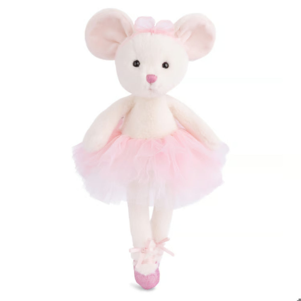 White & pink plush toy mouse in a ballet outfit on a white background.