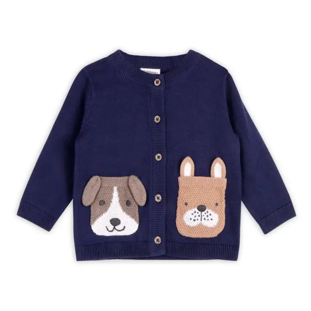 Viverano Organics Dog Pocket Embroidered Sweater Knit Baby Navy Blue Cardigan